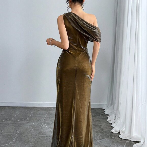Gold Elegant Women's Asymmetrical Banquet Long Dress - Picture 6 of 6